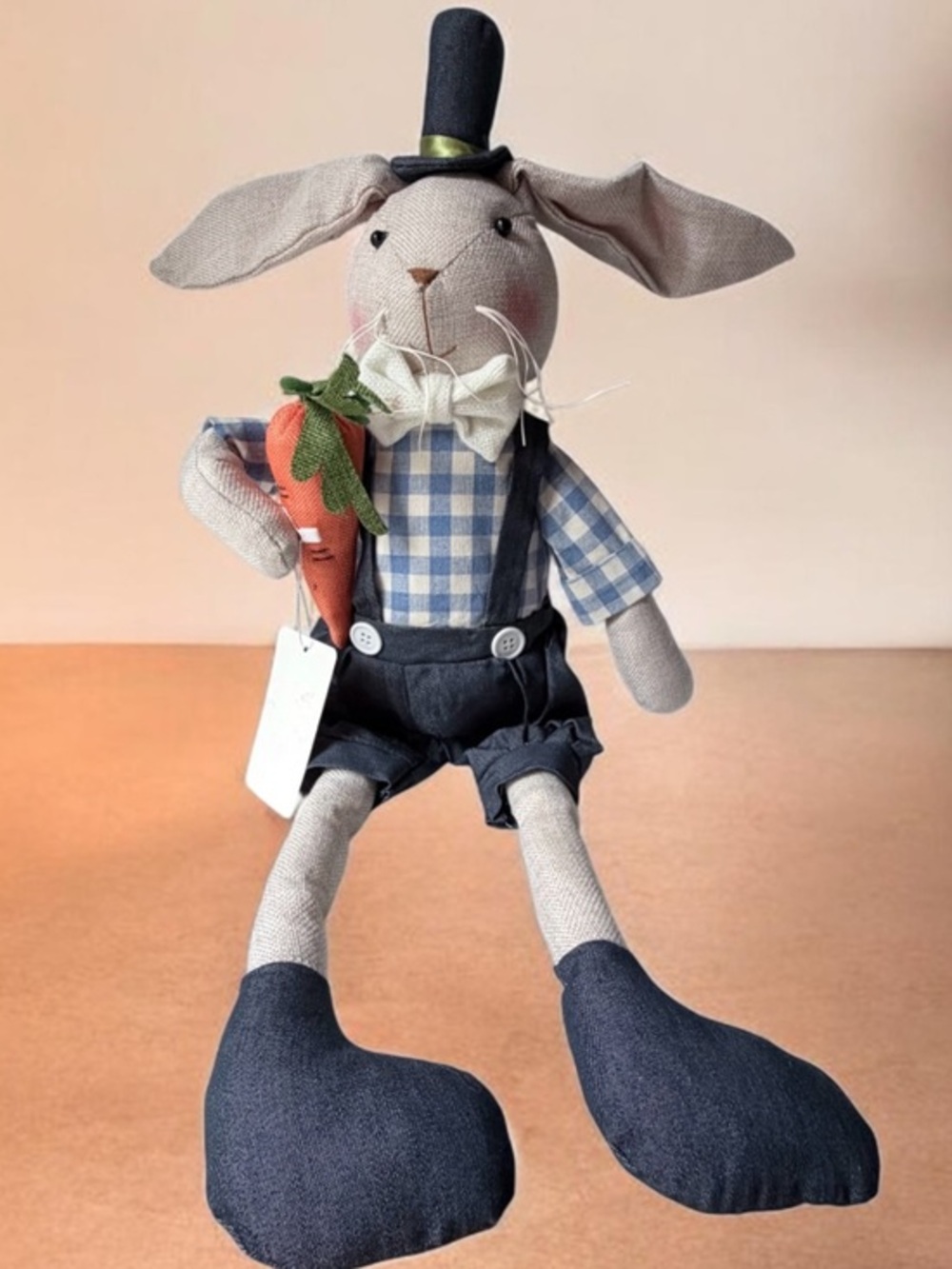 Handmade Bunny Doll with Carrot - Blue Check Shirt & Denim Pants